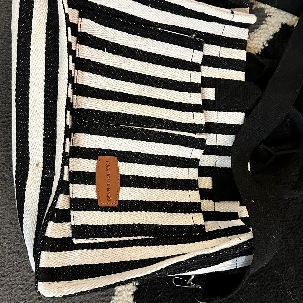 Striped Tote with Leather Detail